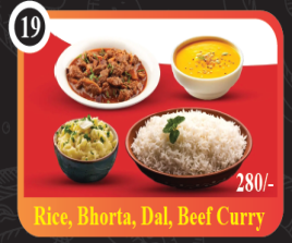 Rice, Bhorta, Dal, Beef Curry