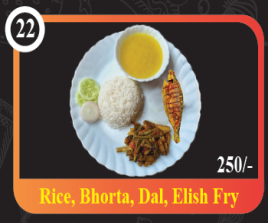 Rice, Bhorta, Dal, Elish Fry