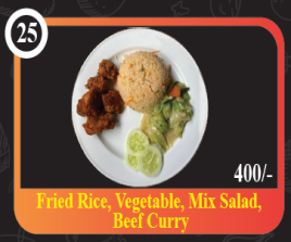 Fried Rice, Veg, Mix Salad, Beef Curry