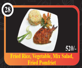 Fried Rice, Veg, Mix Salad, Fried Pomfret